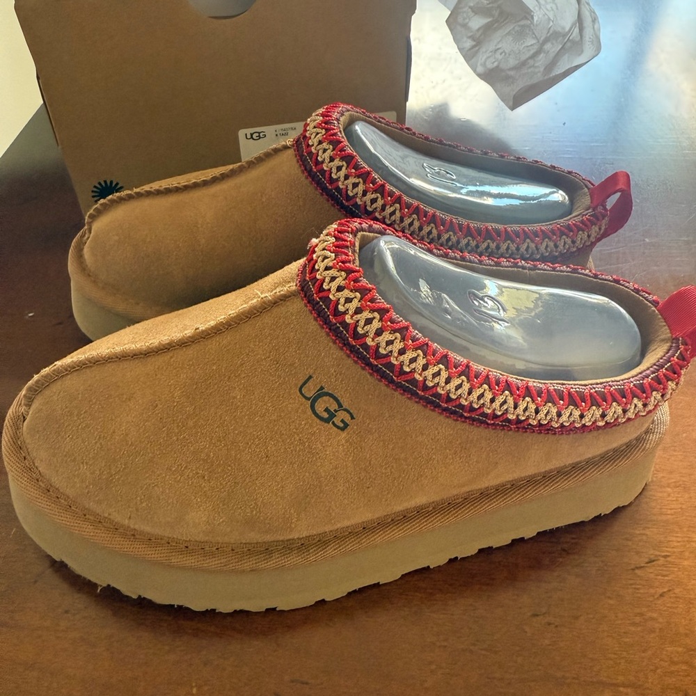 UGG Kids Tan Slippers with Red Accents